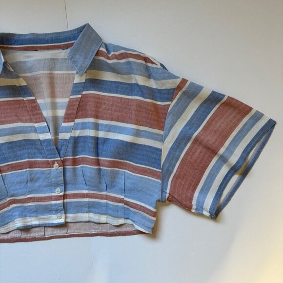 Zara Blouse Striped Linen Blend Button Up Cropped Short Sleeve Collared Sz S - Picture 6 of 14